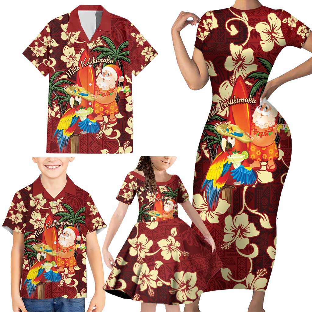 Crimson Red Tropical Christmas Hawaii Tapa Family Matching Short Sleeve Bodycon Dress and Hawaiian Shirt Aloha Santa Drink Party - Polynesian Pride