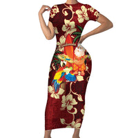 Crimson Red Tropical Christmas Hawaii Tapa Family Matching Short Sleeve Bodycon Dress and Hawaiian Shirt Aloha Santa Drink Party - Polynesian Pride