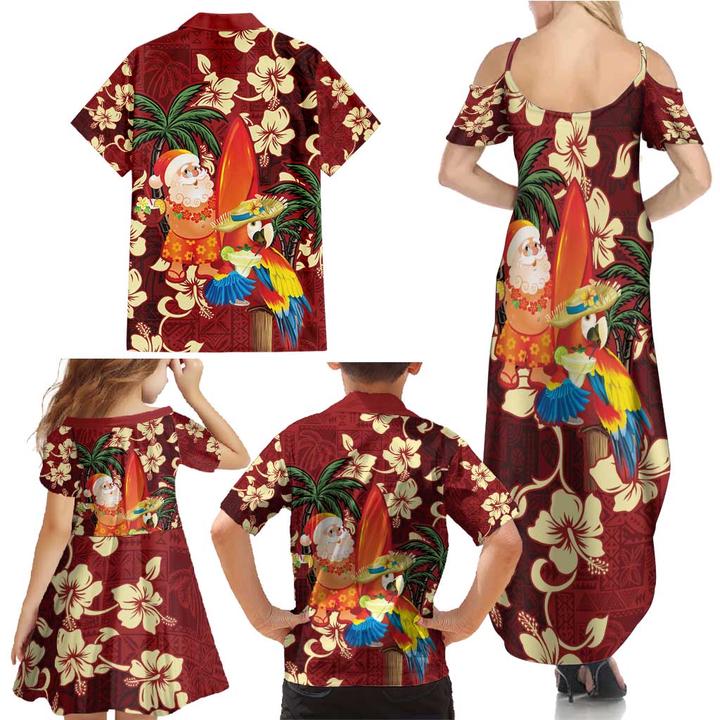 Crimson Red Tropical Christmas Hawaii Tapa Family Matching Summer Maxi Dress and Hawaiian Shirt Aloha Santa Drink Party - Polynesian Pride
