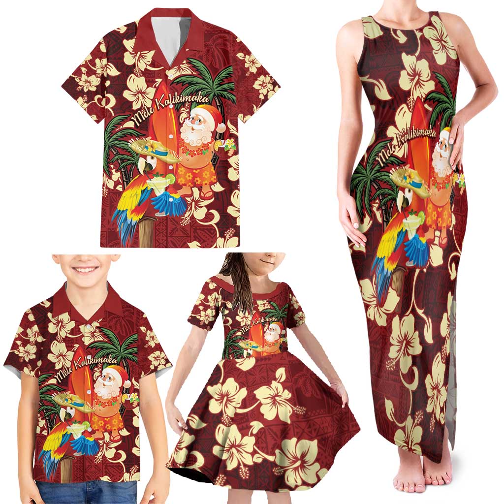 Crimson Red Tropical Christmas Hawaii Tapa Family Matching Tank Maxi Dress and Hawaiian Shirt Aloha Santa Drink Party - Polynesian Pride