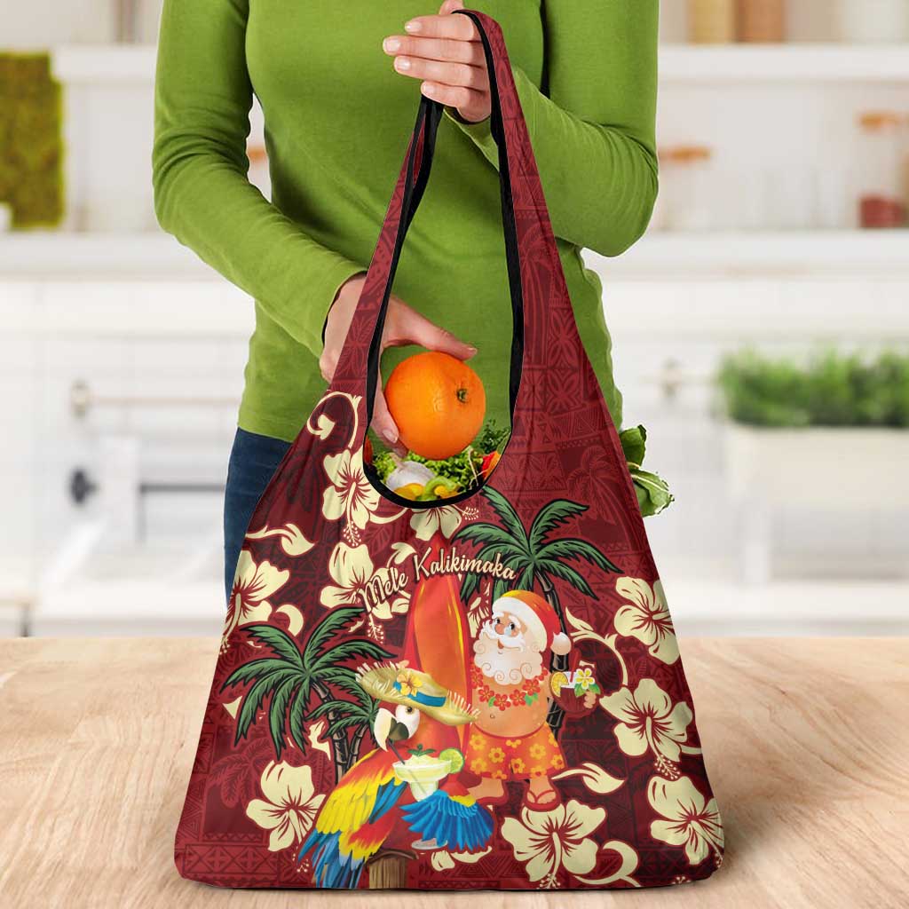 Crimson Red Tropical Christmas Hawaii Tapa Grocery Bag Aloha Santa Drink Party - Polynesian Pride