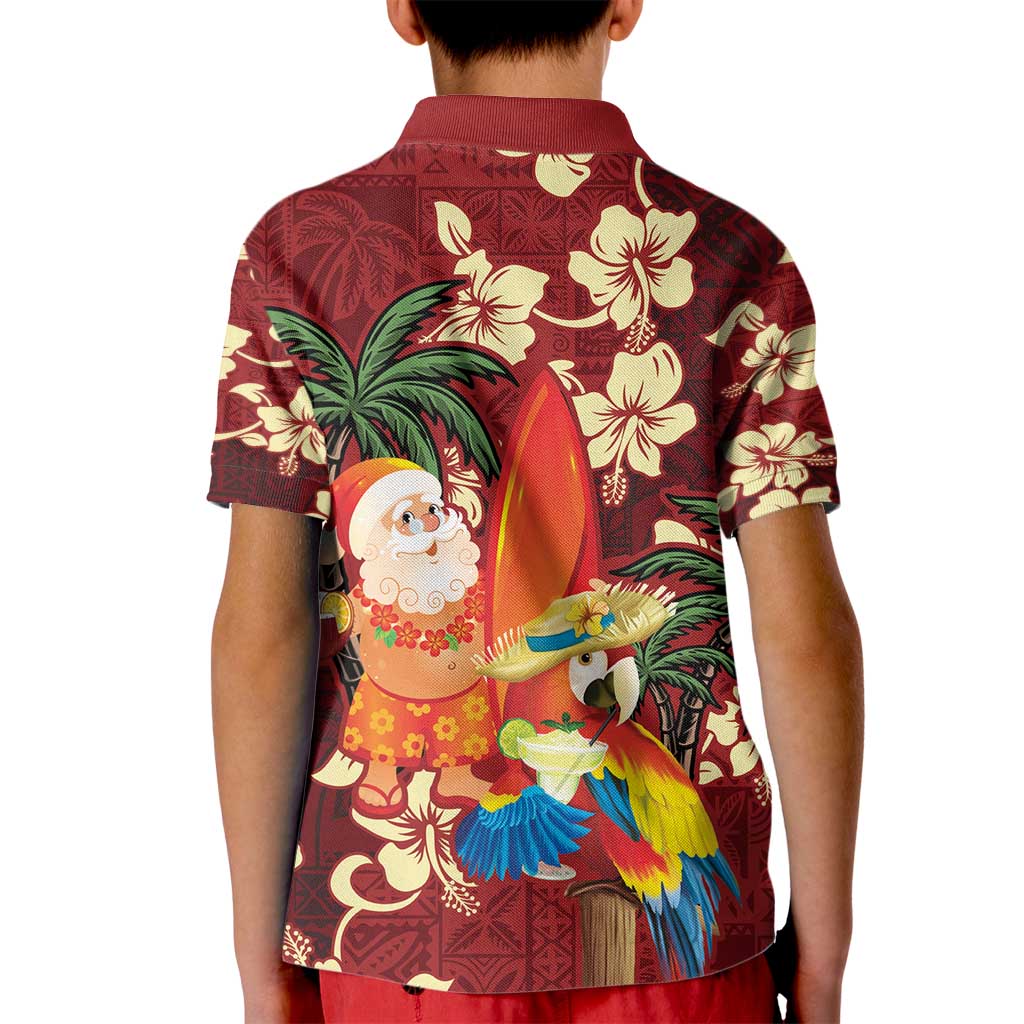 Crimson Red Tropical Christmas Hawaii Tapa Kid Polo Shirt Aloha Santa Drink Party - Polynesian Pride