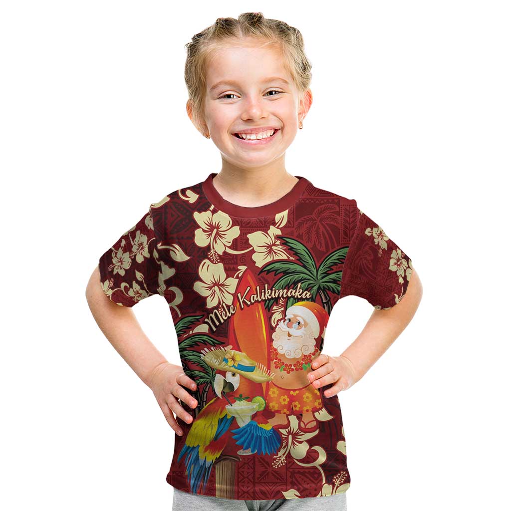 Crimson Red Tropical Christmas Hawaii Tapa Kid T Shirt Aloha Santa Drink Party - Polynesian Pride