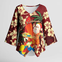 Crimson Red Tropical Christmas Hawaii Tapa Kimono Sleeve Blouse Aloha Santa Drink Party - Polynesian Pride