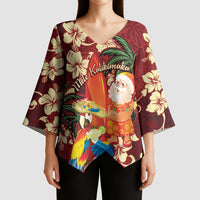 Crimson Red Tropical Christmas Hawaii Tapa Kimono Sleeve Blouse Aloha Santa Drink Party - Polynesian Pride