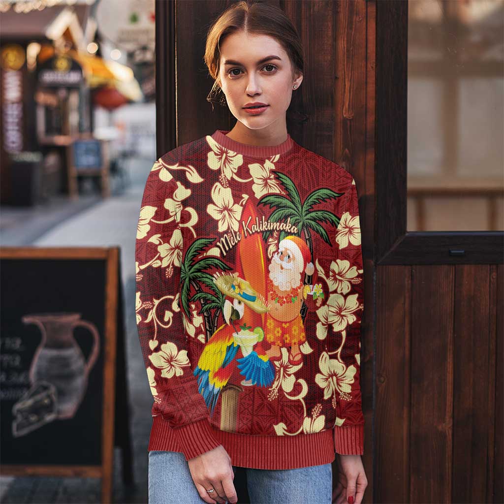 Crimson Red Tropical Christmas Hawaii Tapa Ugly Christmas Sweater Aloha Santa Drink Party - Polynesian Pride