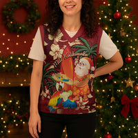 Crimson Red Tropical Christmas Hawaii Tapa Christmas Knitted V-Neck Vest Aloha Santa Drink Party - Polynesian Pride