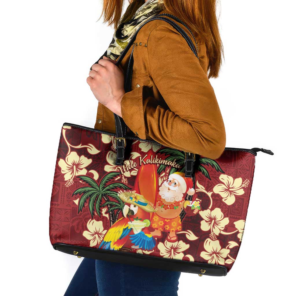 Crimson Red Tropical Christmas Hawaii Tapa Leather Tote Bag Aloha Santa Drink Party LT7 Red - Polynesian Pride