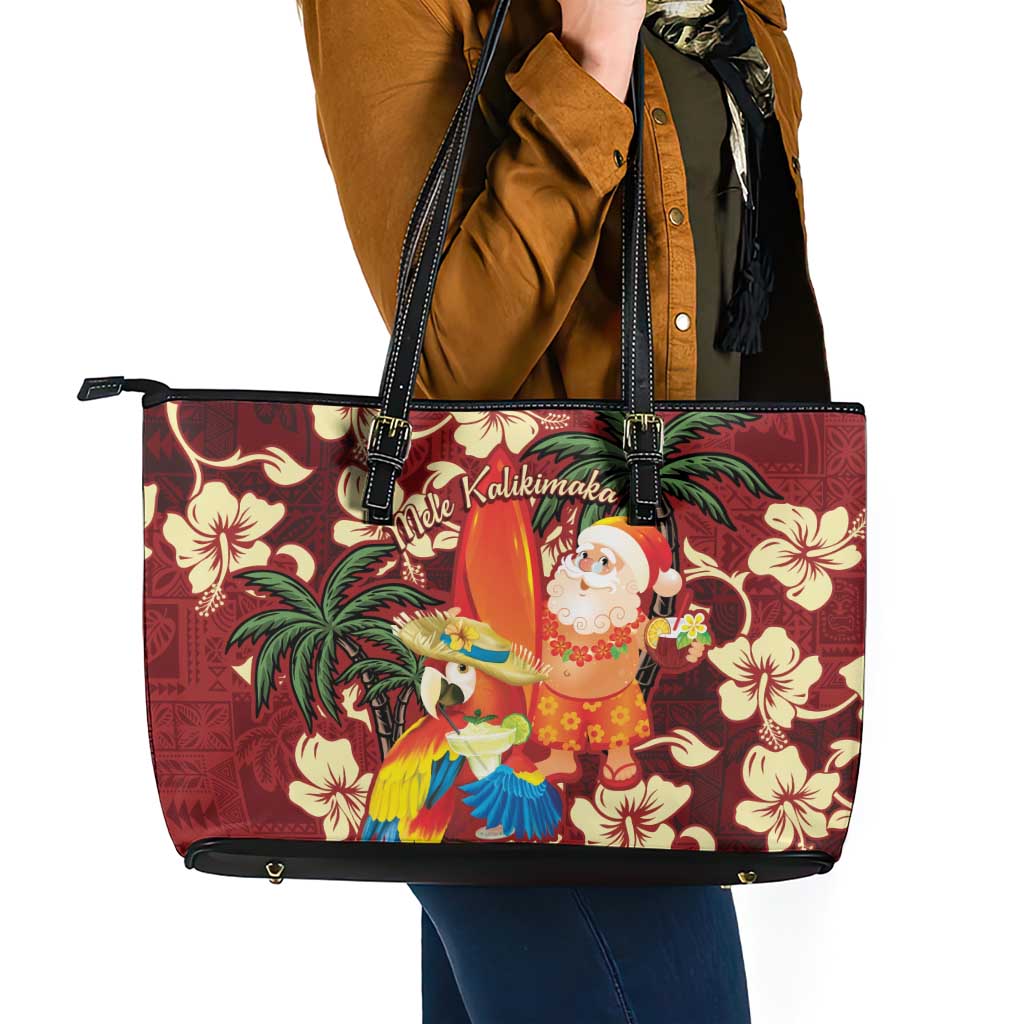 Crimson Red Tropical Christmas Hawaii Tapa Leather Tote Bag Aloha Santa Drink Party LT7 - Polynesian Pride