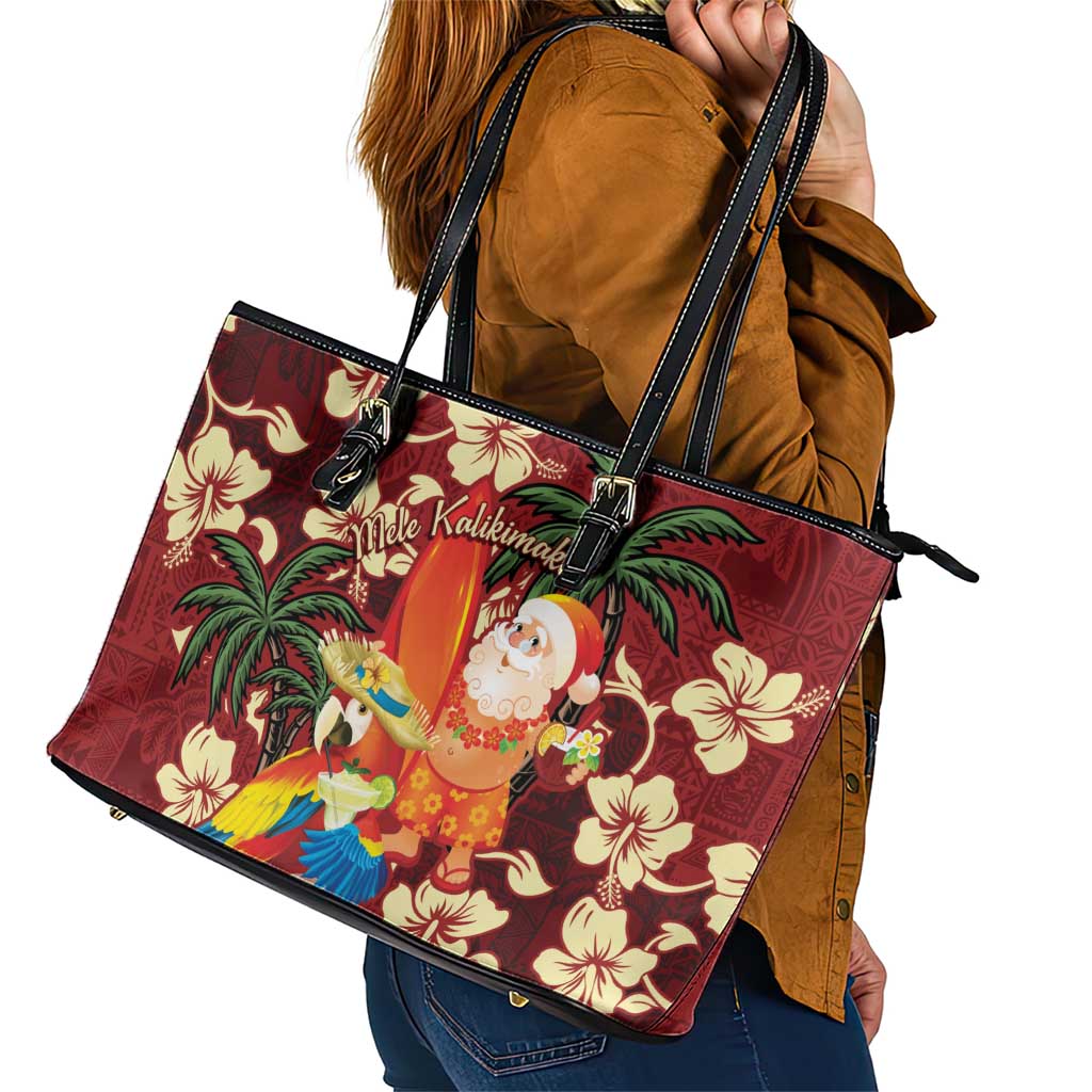 Crimson Red Tropical Christmas Hawaii Tapa Leather Tote Bag Aloha Santa Drink Party LT7 - Polynesian Pride