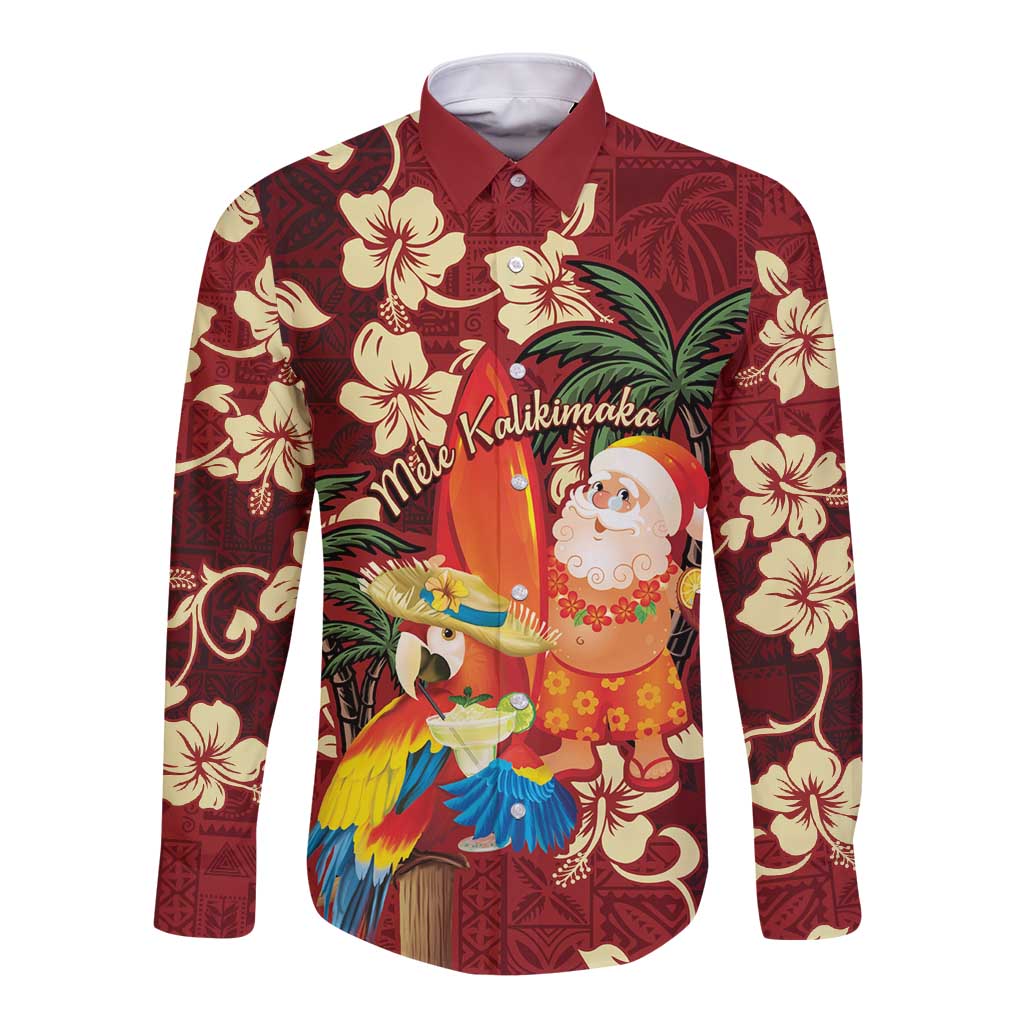 Crimson Red Tropical Christmas Hawaii Tapa Long Sleeve Button Shirt Aloha Santa Drink Party - Polynesian Pride