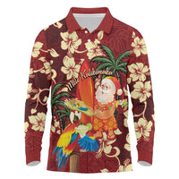 Crimson Red Tropical Christmas Hawaii Tapa Long Sleeve Polo Shirt Aloha Santa Drink Party - Polynesian Pride