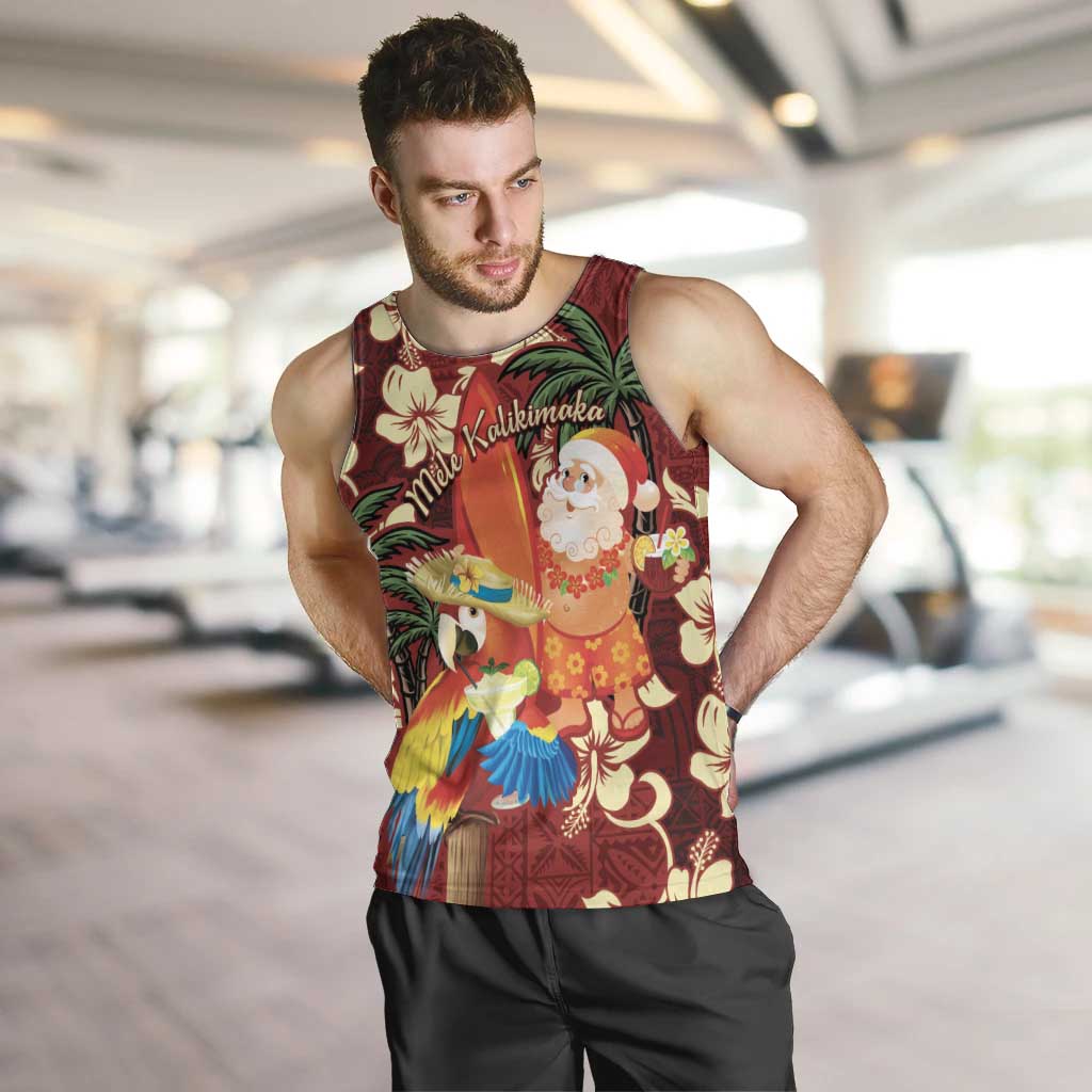 Crimson Red Tropical Christmas Hawaii Tapa Men Tank Top Aloha Santa Drink Party - Polynesian Pride
