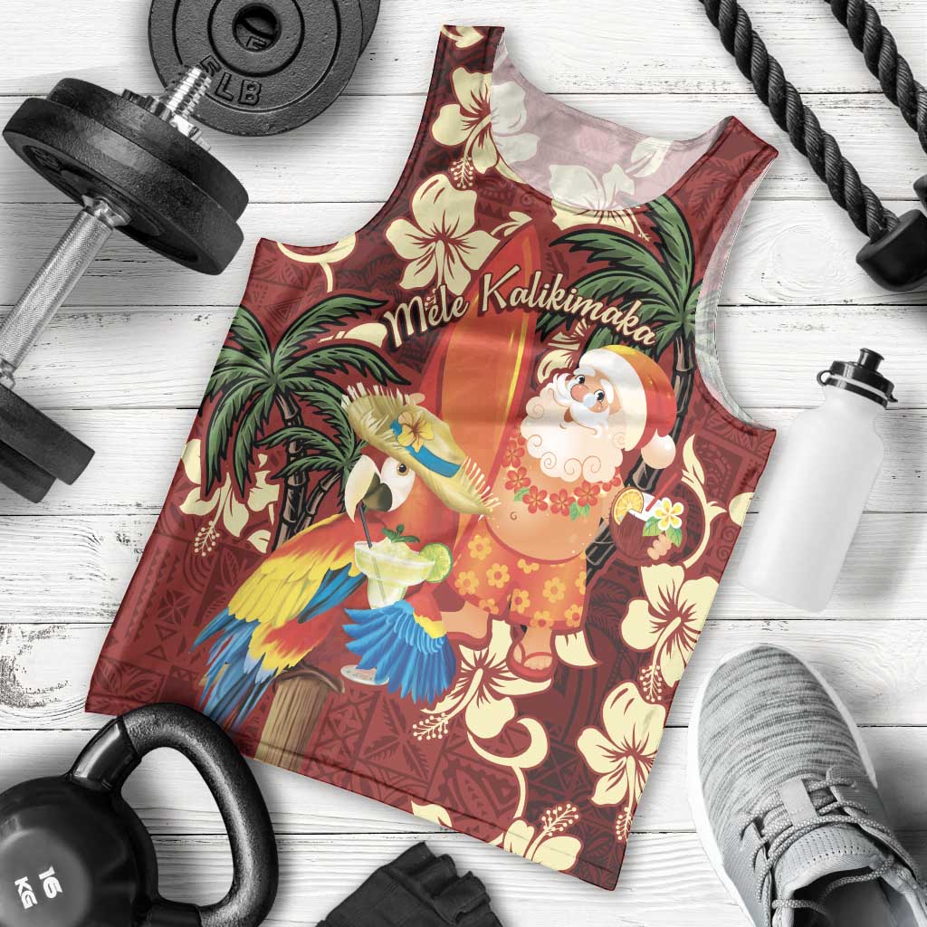 Crimson Red Tropical Christmas Hawaii Tapa Men Tank Top Aloha Santa Drink Party - Polynesian Pride