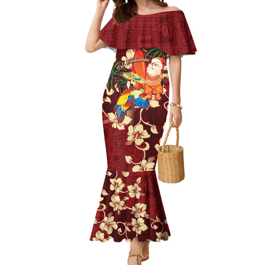 Crimson Red Tropical Christmas Hawaii Tapa Mermaid Dress Aloha Santa Drink Party - Polynesian Pride