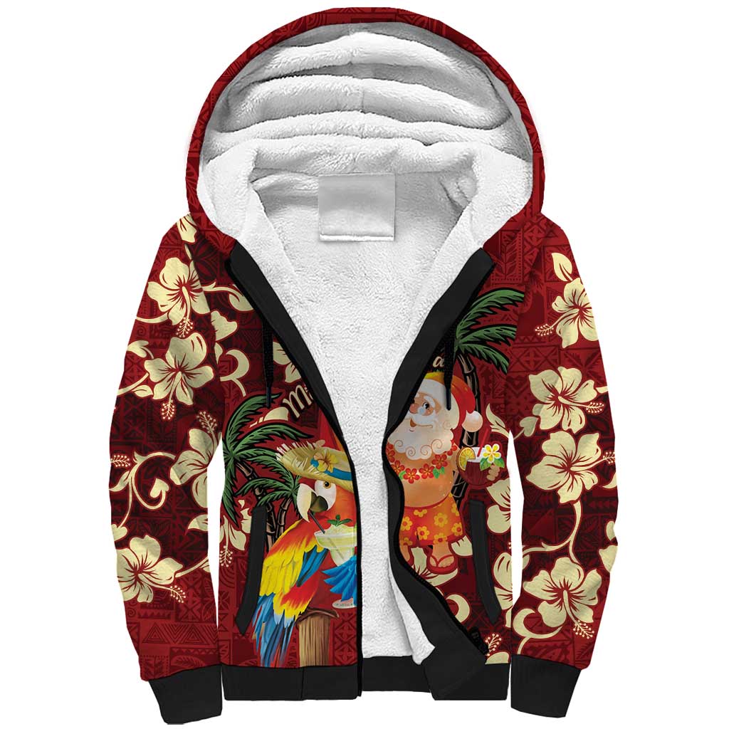 Crimson Red Tropical Christmas Hawaii Tapa Sherpa Hoodie Aloha Santa Drink Party - Polynesian Pride