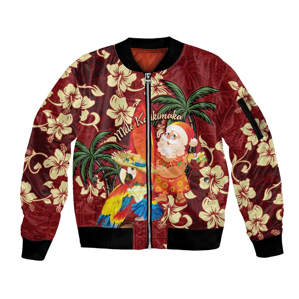 Crimson Red Tropical Christmas Hawaii Tapa Sleeve Zip Bomber Jacket Aloha Santa Drink Party - Polynesian Pride