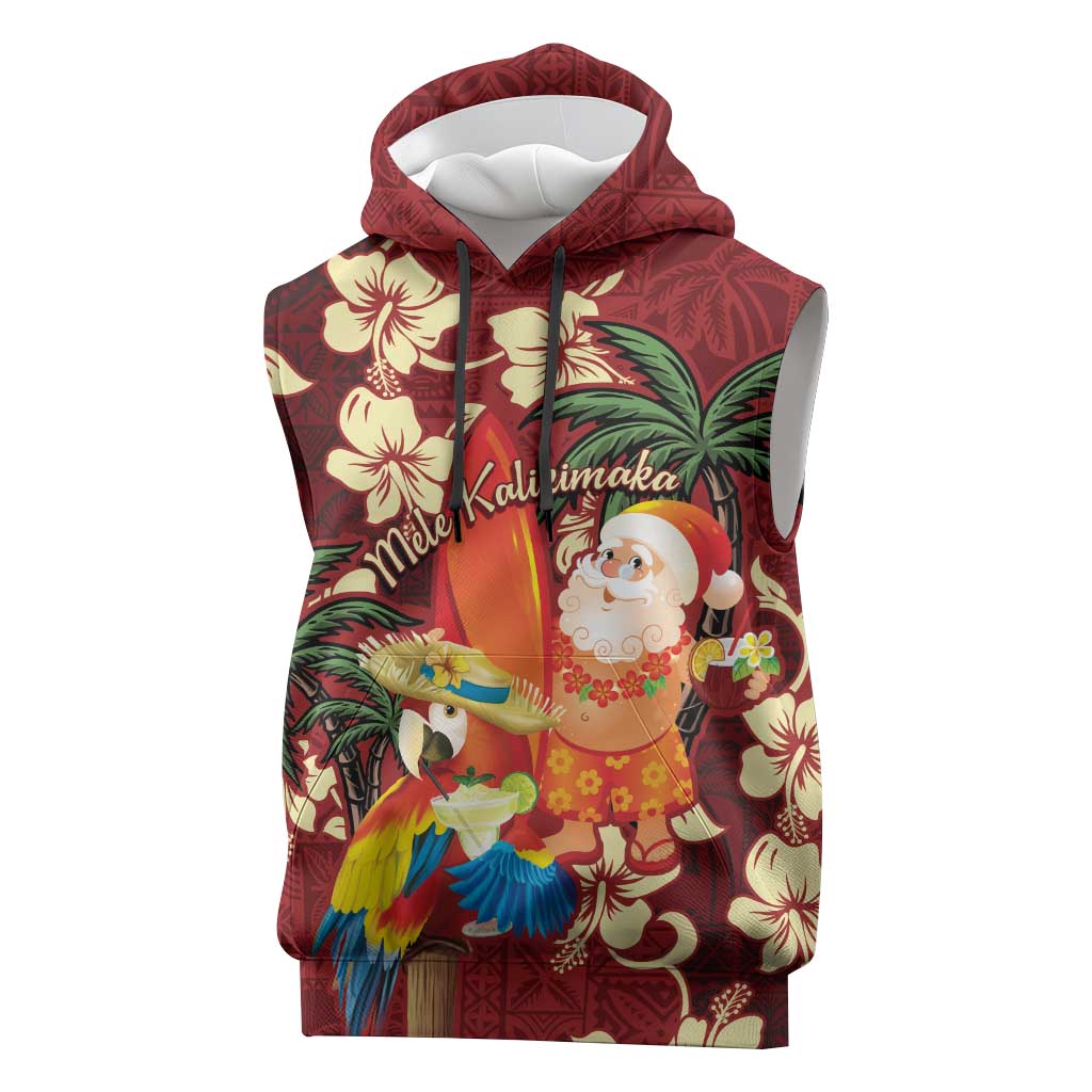 Crimson Red Tropical Christmas Hawaii Tapa Sleeveless Hoodie Aloha Santa Drink Party - Polynesian Pride