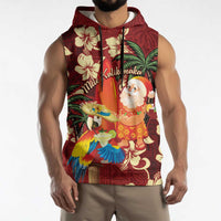 Crimson Red Tropical Christmas Hawaii Tapa Sleeveless Hoodie Aloha Santa Drink Party - Polynesian Pride