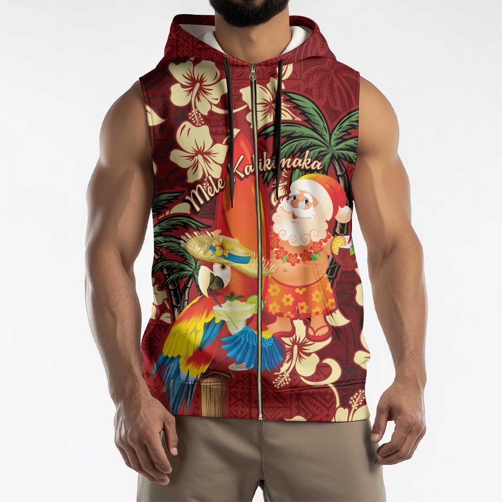 Crimson Red Tropical Christmas Hawaii Tapa Sleeveless Zip Hoodie Aloha Santa Drink Party - Polynesian Pride