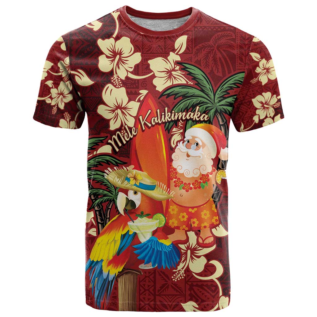 Crimson Red Tropical Christmas Hawaii Tapa T Shirt Aloha Santa Drink Party - Polynesian Pride