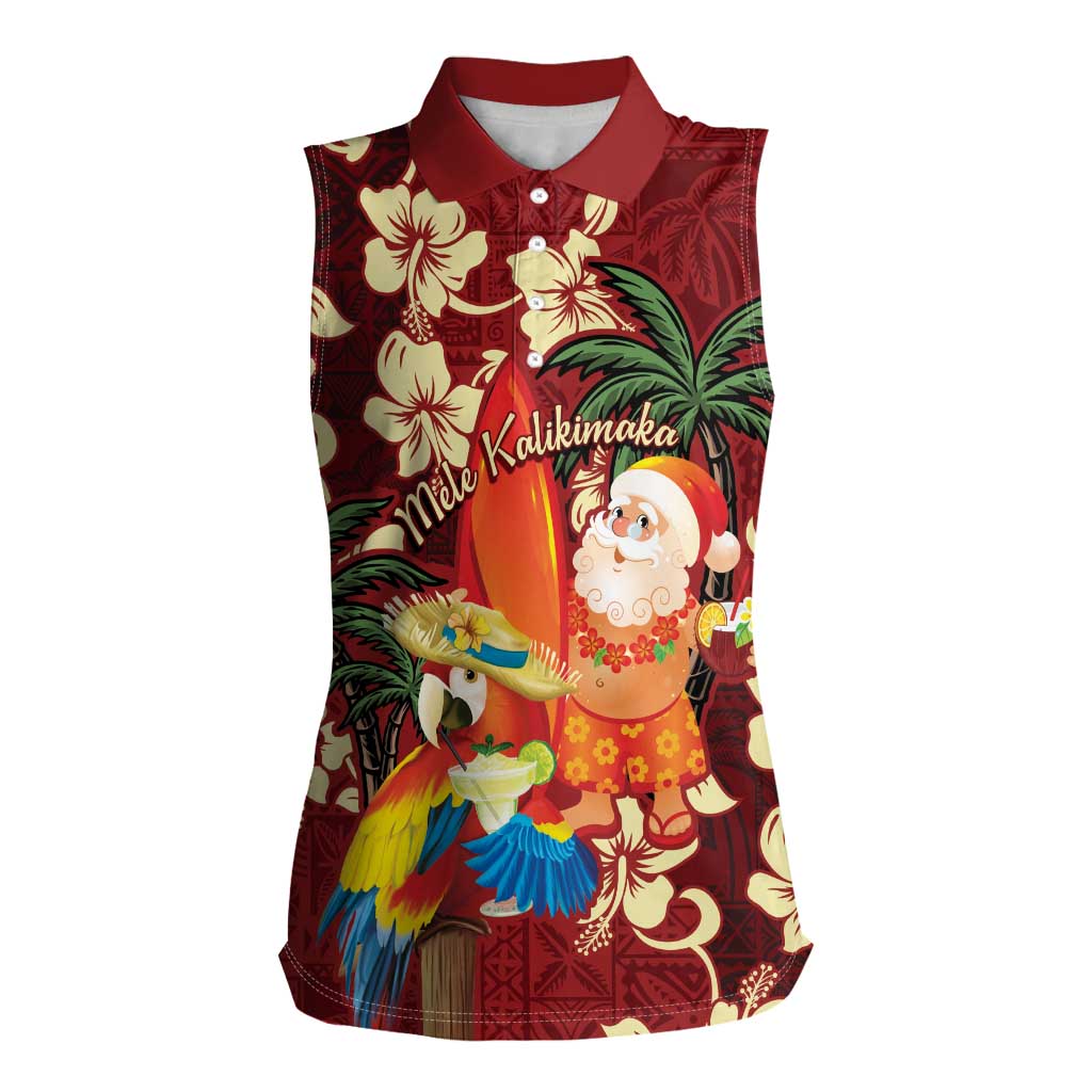 Crimson Red Tropical Christmas Hawaii Tapa Women Sleeveless Polo Shirt Aloha Santa Drink Party - Polynesian Pride