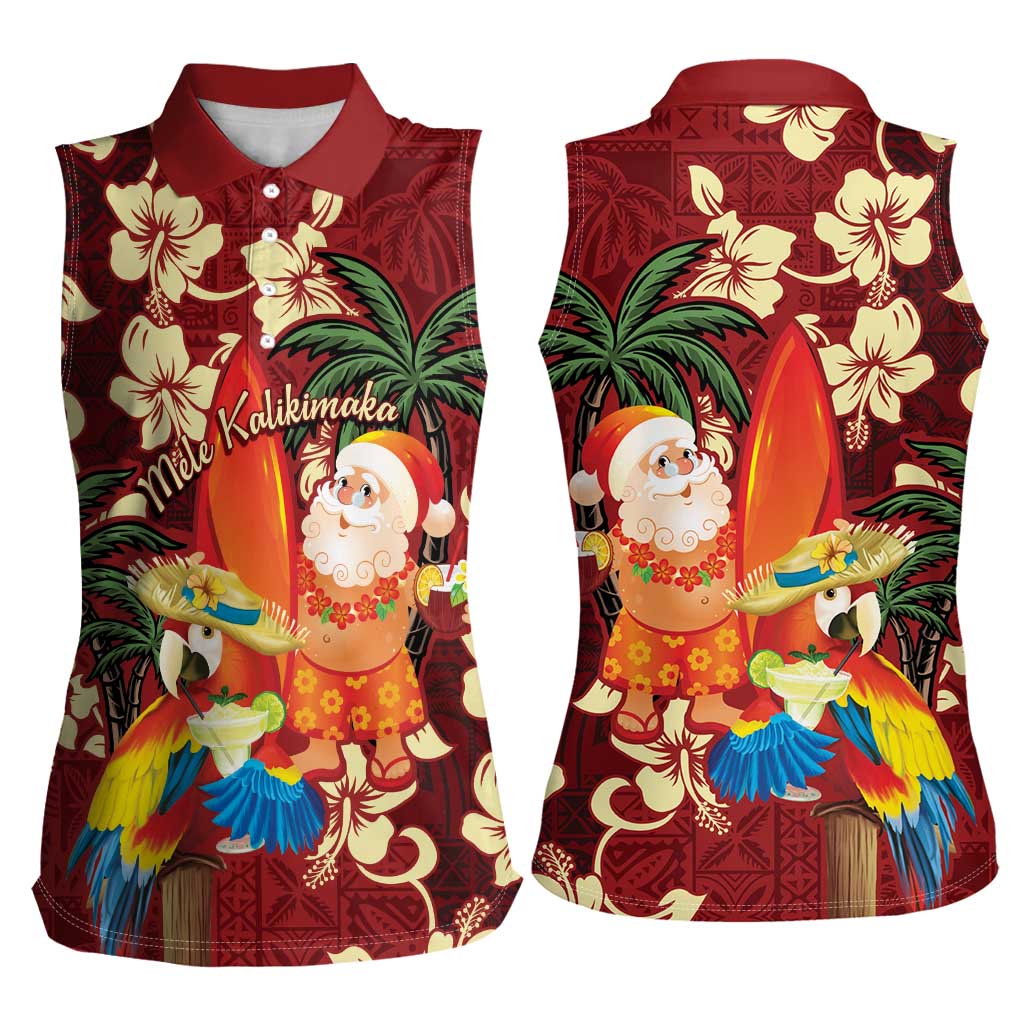 Crimson Red Tropical Christmas Hawaii Tapa Women Sleeveless Polo Shirt Aloha Santa Drink Party - Polynesian Pride
