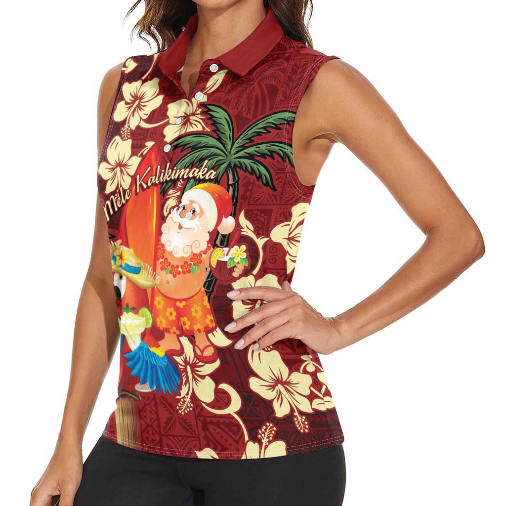 Crimson Red Tropical Christmas Hawaii Tapa Women Sleeveless Polo Shirt Aloha Santa Drink Party - Polynesian Pride