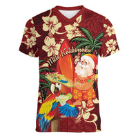 Crimson Red Tropical Christmas Hawaii Tapa Women V-Neck T-Shirt Aloha Santa Drink Party - Polynesian Pride