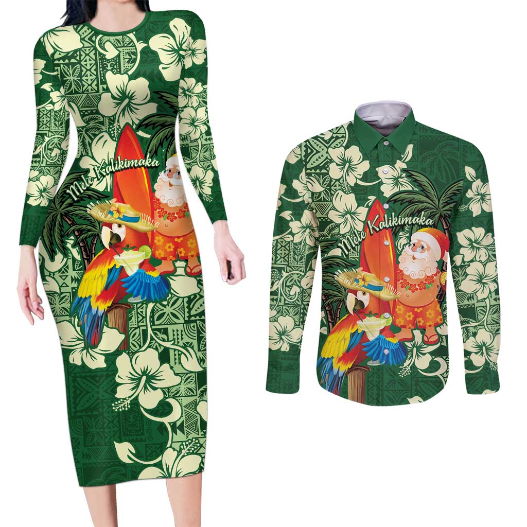 Moss Green Tropical Christmas Hawaii Tapa Couples Matching Long Sleeve Bodycon Dress and Long Sleeve Button Shirt Aloha Santa Drink Party - Polynesian Pride