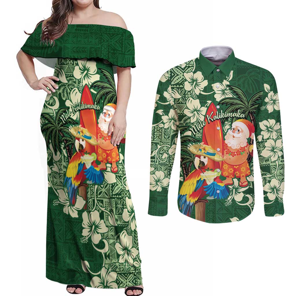 Moss Green Tropical Christmas Hawaii Tapa Couples Matching Off Shoulder Maxi Dress and Long Sleeve Button Shirt Aloha Santa Drink Party - Polynesian Pride