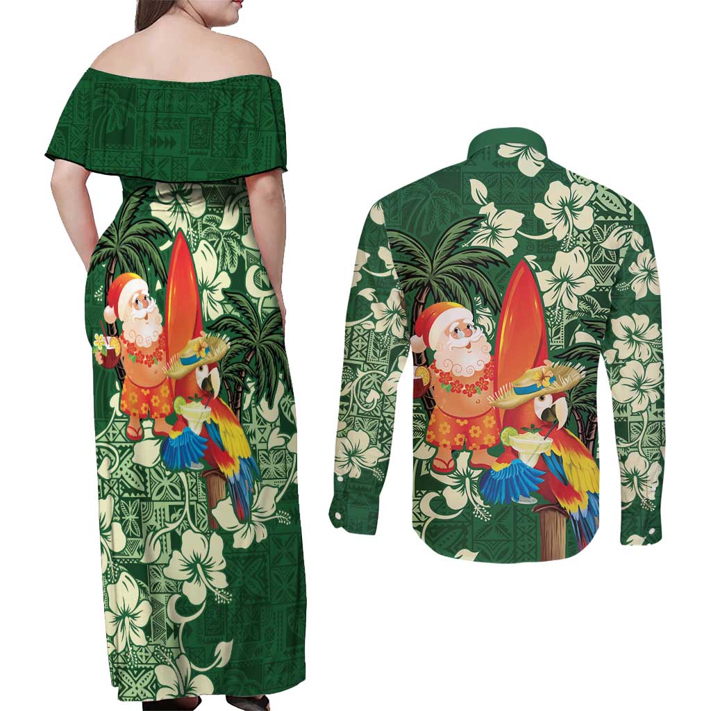 Moss Green Tropical Christmas Hawaii Tapa Couples Matching Off Shoulder Maxi Dress and Long Sleeve Button Shirt Aloha Santa Drink Party - Polynesian Pride
