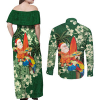 Moss Green Tropical Christmas Hawaii Tapa Couples Matching Off Shoulder Maxi Dress and Long Sleeve Button Shirt Aloha Santa Drink Party - Polynesian Pride