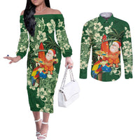 Moss Green Tropical Christmas Hawaii Tapa Couples Matching Off The Shoulder Long Sleeve Dress and Long Sleeve Button Shirt Aloha Santa Drink Party - Polynesian Pride