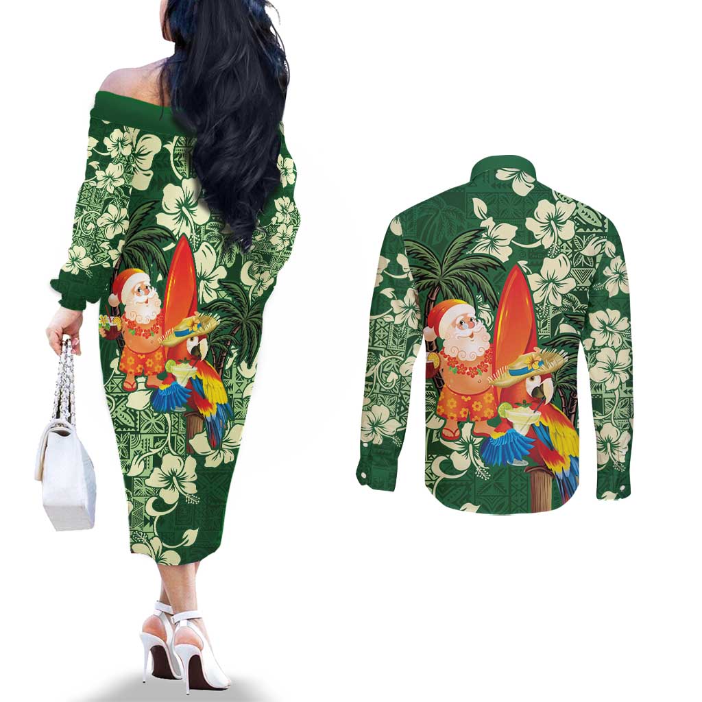 Moss Green Tropical Christmas Hawaii Tapa Couples Matching Off The Shoulder Long Sleeve Dress and Long Sleeve Button Shirt Aloha Santa Drink Party - Polynesian Pride