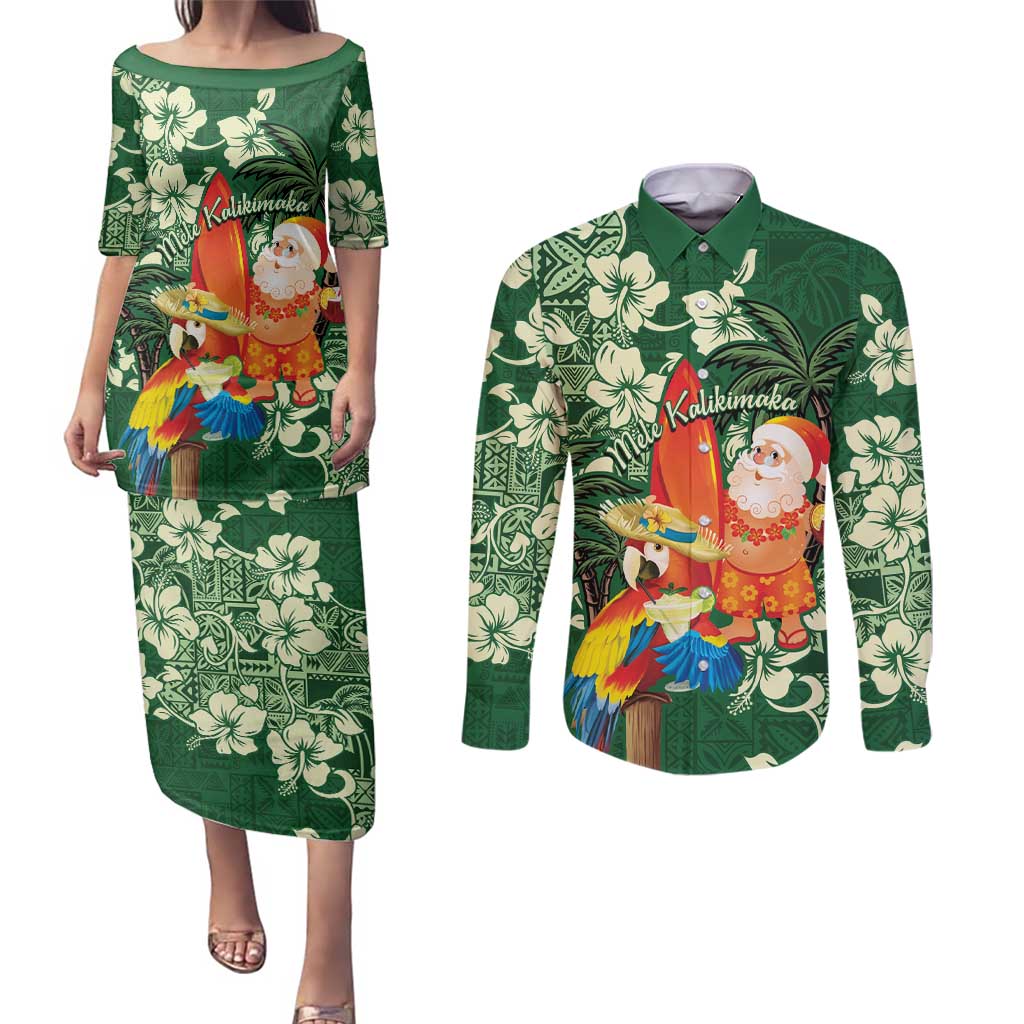 Moss Green Tropical Christmas Hawaii Tapa Couples Matching Puletasi and Long Sleeve Button Shirt Aloha Santa Drink Party - Polynesian Pride