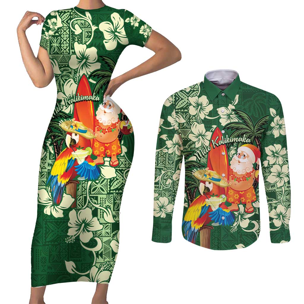 Moss Green Tropical Christmas Hawaii Tapa Couples Matching Short Sleeve Bodycon Dress and Long Sleeve Button Shirt Aloha Santa Drink Party - Polynesian Pride