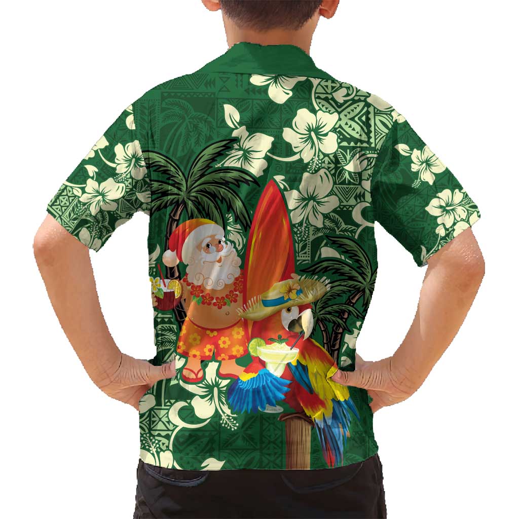 Moss Green Tropical Christmas Hawaii Tapa Family Matching Long Sleeve Bodycon Dress and Hawaiian Shirt Aloha Santa Drink Party - Polynesian Pride