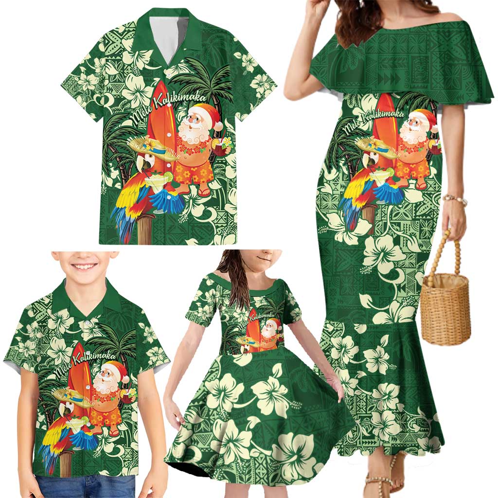 Moss Green Tropical Christmas Hawaii Tapa Family Matching Mermaid Dress and Hawaiian Shirt Aloha Santa Drink Party - Polynesian Pride