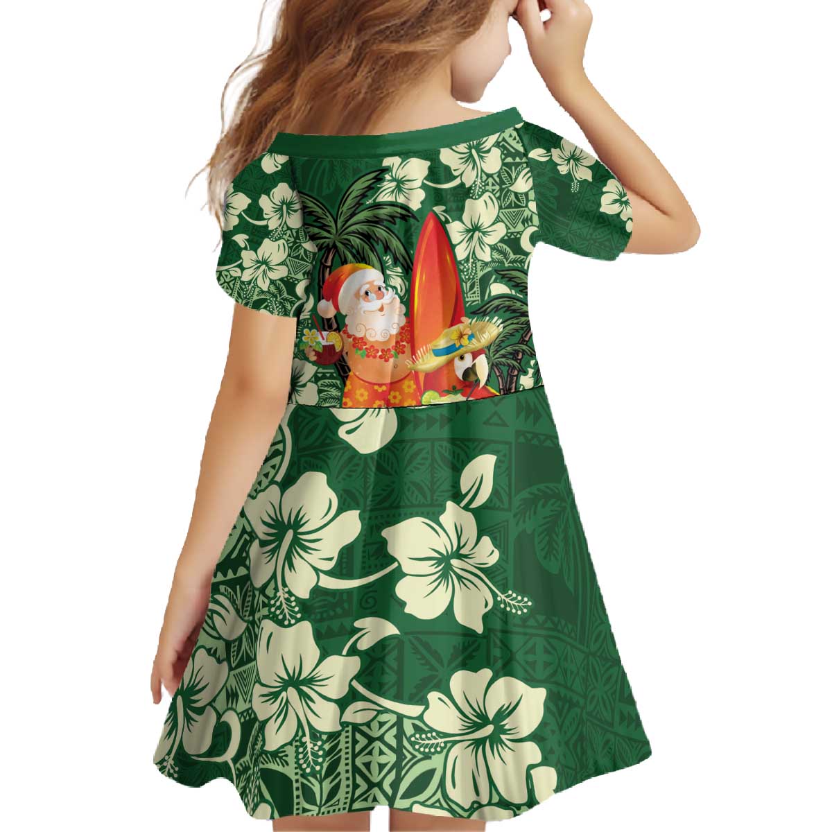 Moss Green Tropical Christmas Hawaii Tapa Family Matching Off The Shoulder Long Sleeve Dress and Hawaiian Shirt Aloha Santa Drink Party - Polynesian Pride