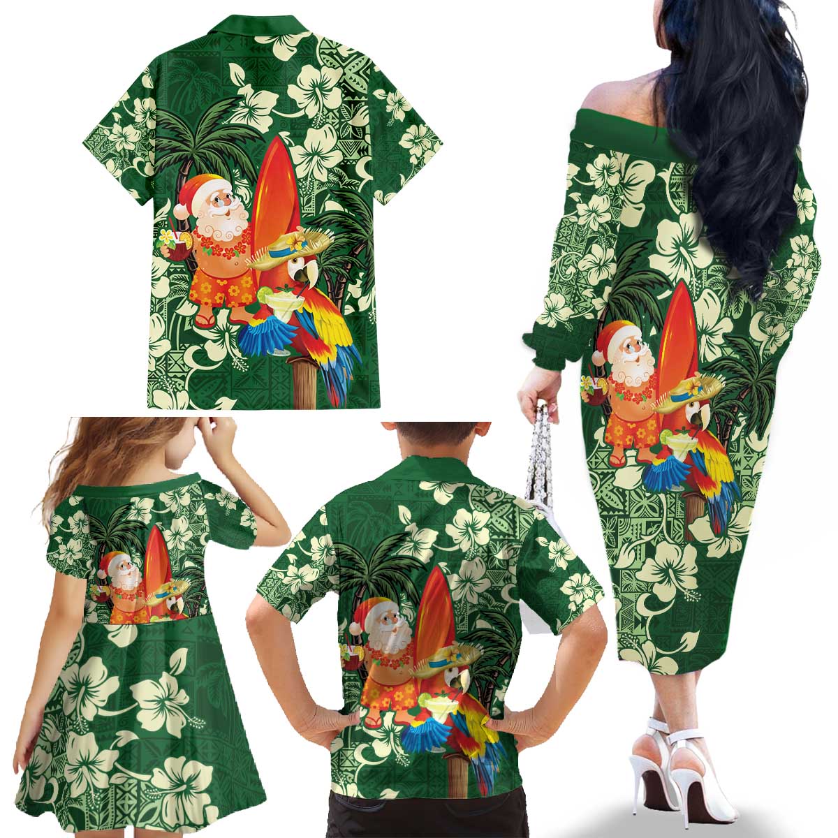 Moss Green Tropical Christmas Hawaii Tapa Family Matching Off The Shoulder Long Sleeve Dress and Hawaiian Shirt Aloha Santa Drink Party - Polynesian Pride