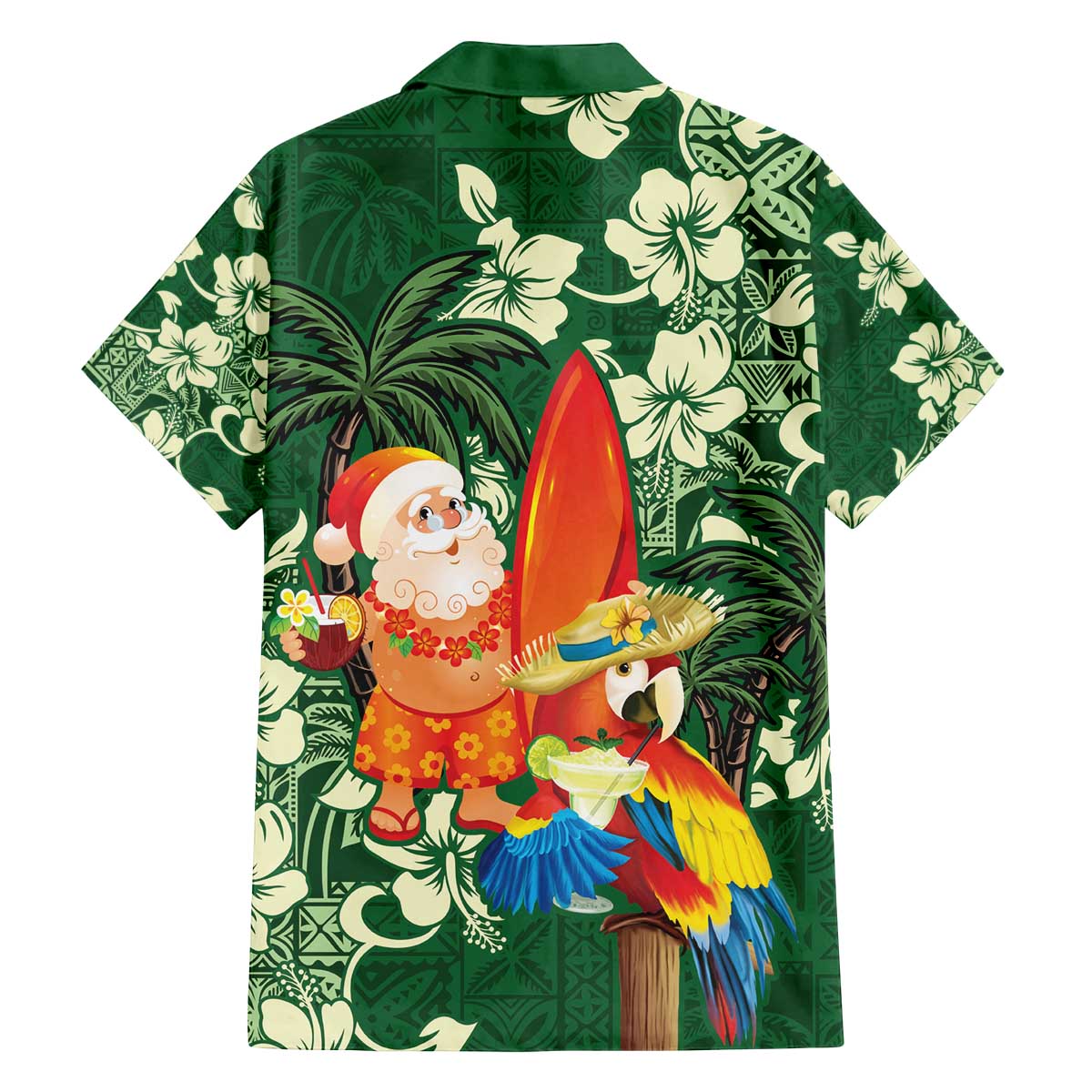 Moss Green Tropical Christmas Hawaii Tapa Family Matching Off The Shoulder Long Sleeve Dress and Hawaiian Shirt Aloha Santa Drink Party - Polynesian Pride