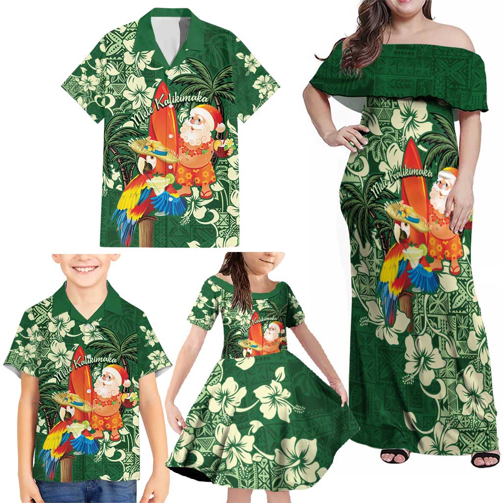 Moss Green Tropical Christmas Hawaii Tapa Family Matching Off Shoulder Maxi Dress and Hawaiian Shirt Aloha Santa Drink Party - Polynesian Pride