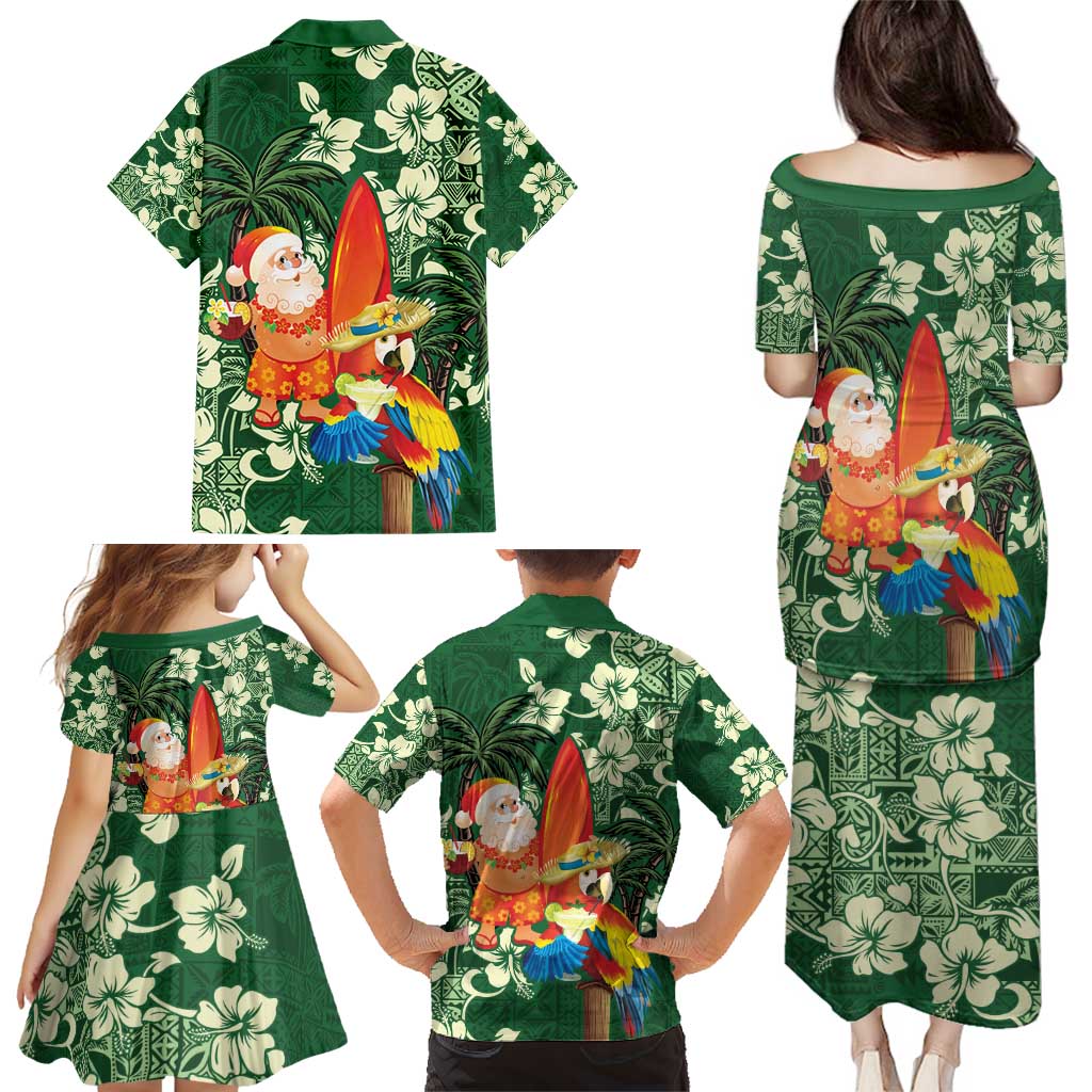 Moss Green Tropical Christmas Hawaii Tapa Family Matching Puletasi and Hawaiian Shirt Aloha Santa Drink Party - Polynesian Pride