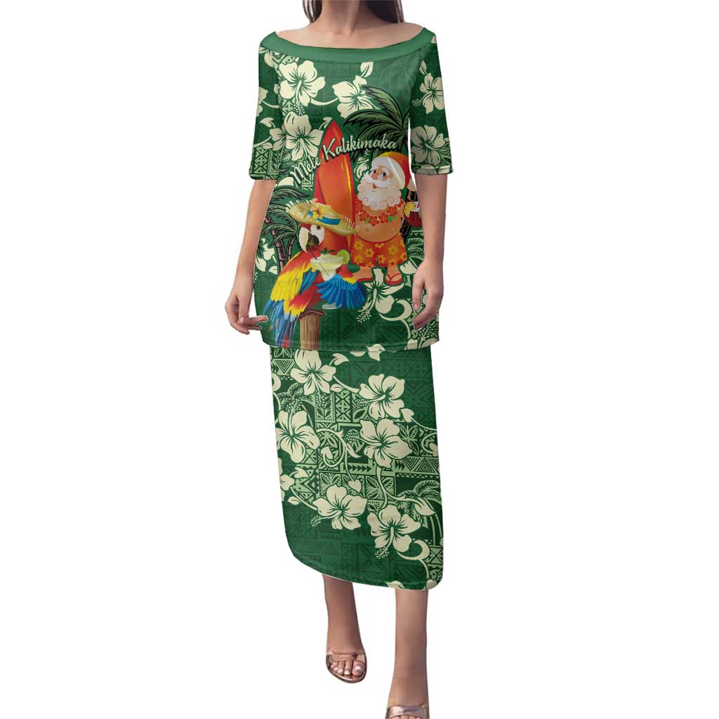 Moss Green Tropical Christmas Hawaii Tapa Family Matching Puletasi and Hawaiian Shirt Aloha Santa Drink Party - Polynesian Pride