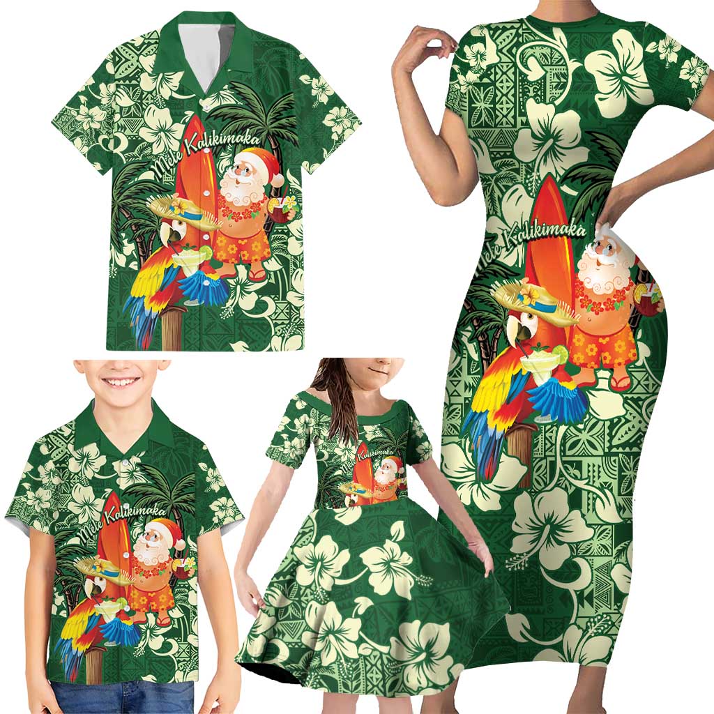 Moss Green Tropical Christmas Hawaii Tapa Family Matching Short Sleeve Bodycon Dress and Hawaiian Shirt Aloha Santa Drink Party - Polynesian Pride