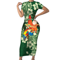 Moss Green Tropical Christmas Hawaii Tapa Family Matching Short Sleeve Bodycon Dress and Hawaiian Shirt Aloha Santa Drink Party - Polynesian Pride