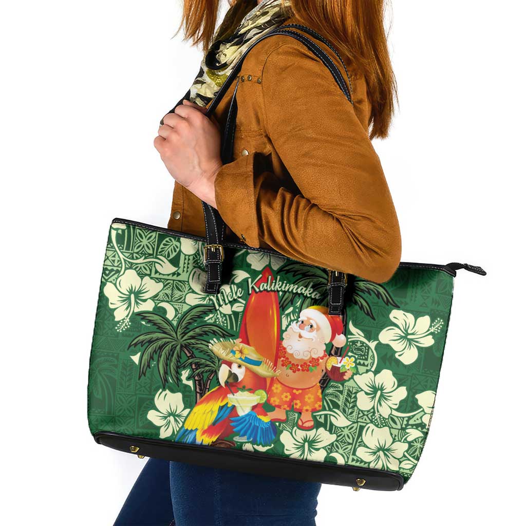 Moss Green Tropical Christmas Hawaii Tapa Leather Tote Bag Aloha Santa Drink Party LT7 Green - Polynesian Pride