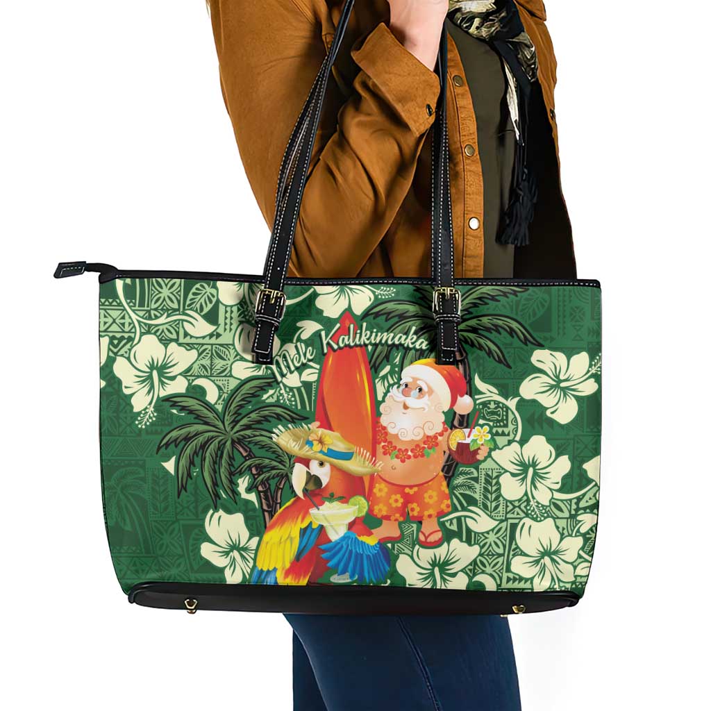 Moss Green Tropical Christmas Hawaii Tapa Leather Tote Bag Aloha Santa Drink Party LT7 - Polynesian Pride
