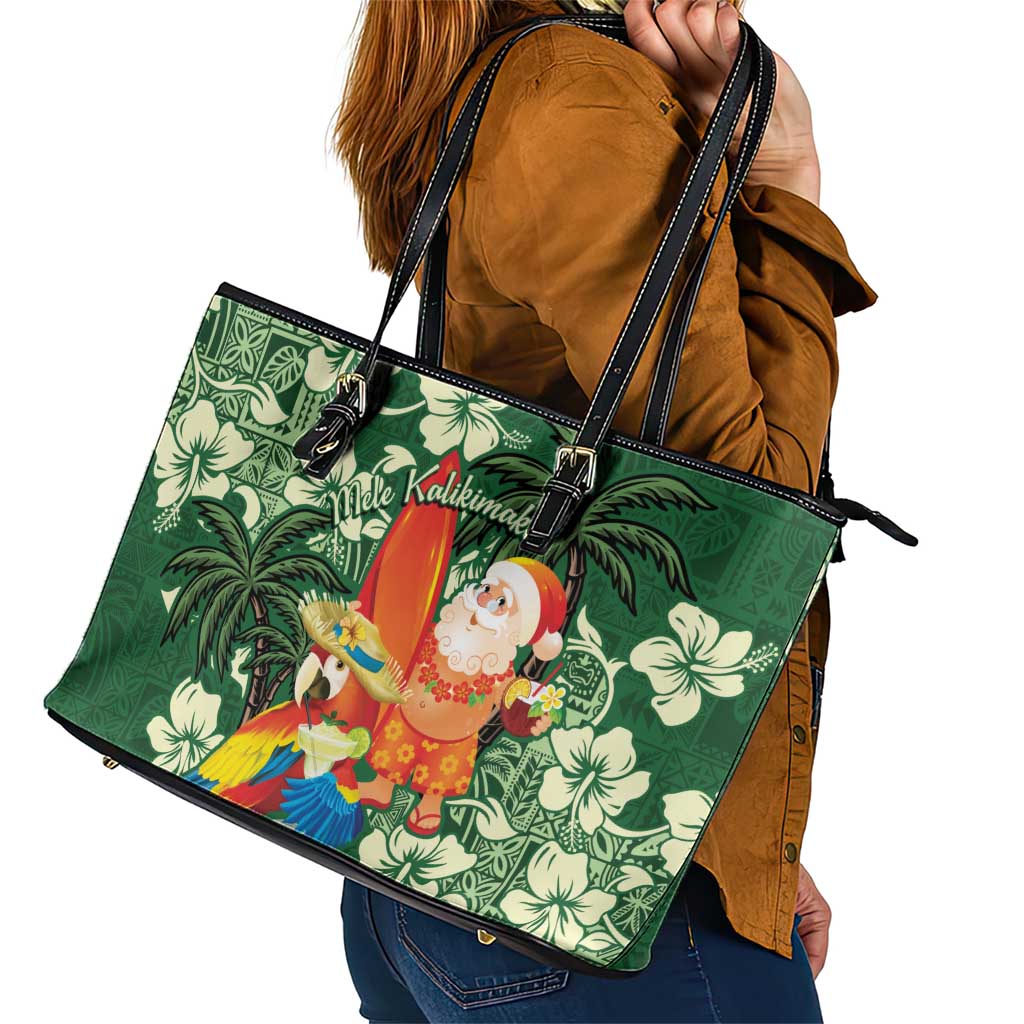 Moss Green Tropical Christmas Hawaii Tapa Leather Tote Bag Aloha Santa Drink Party LT7 - Polynesian Pride